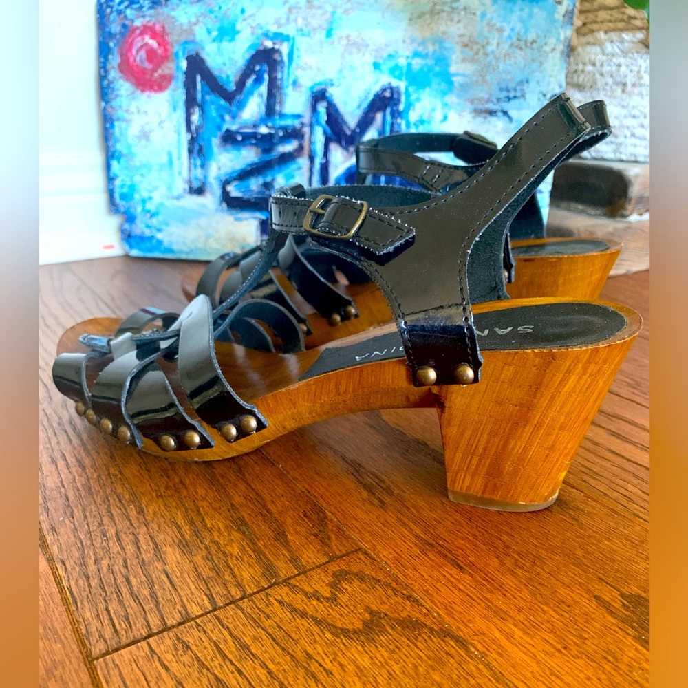 Solid Wood Base Leather Upper San Marina Black Patent Sz 38 Italy Heeled Sandals